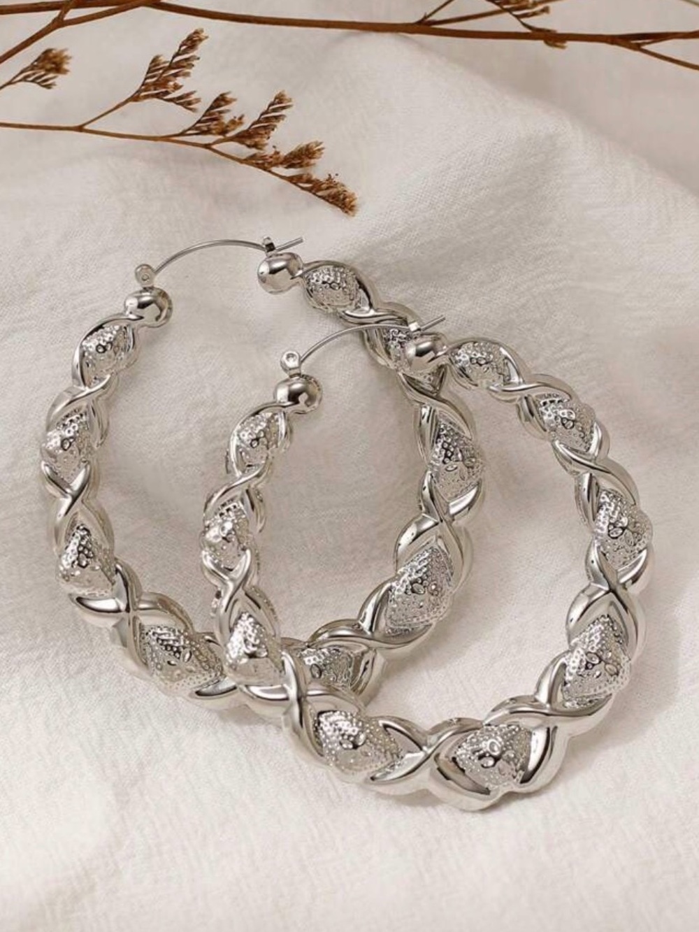 Silver Twist Floral Hoop Earrings - Women Jewelry